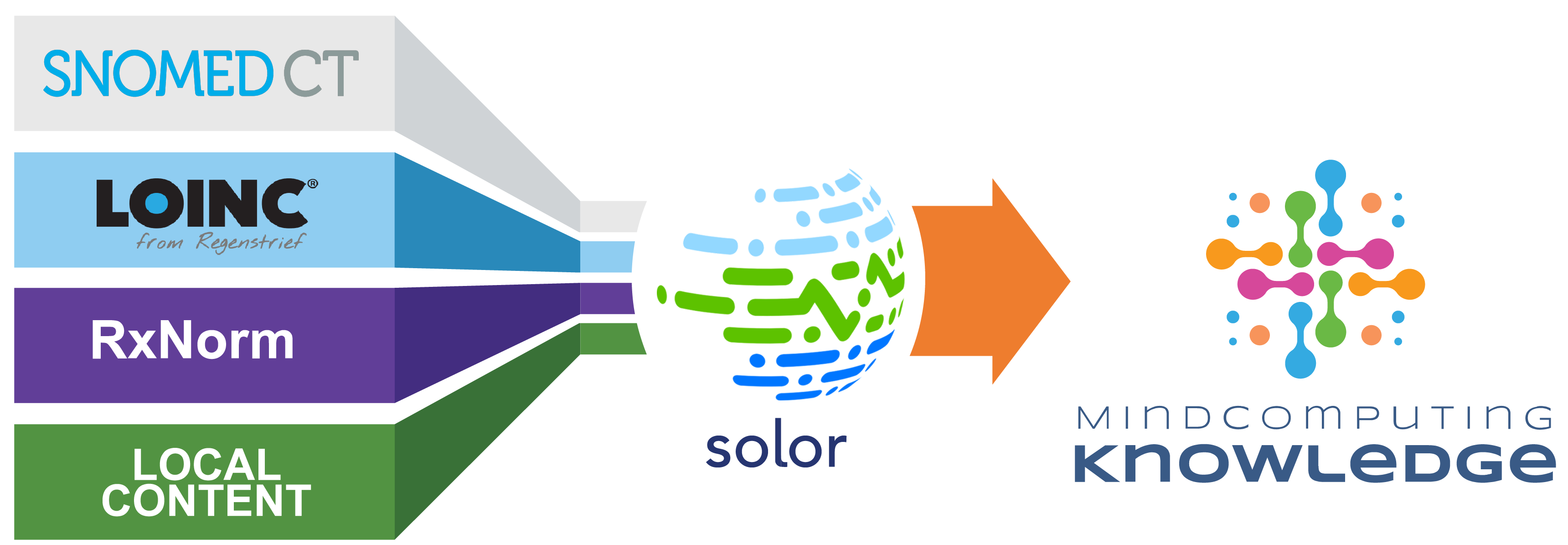 Mind Computing’s Knowledge application uses Solor to integrate terminology such as LOINC, SNOMED CT, RxNorm and local terminology into a common model to normalize encoded data.